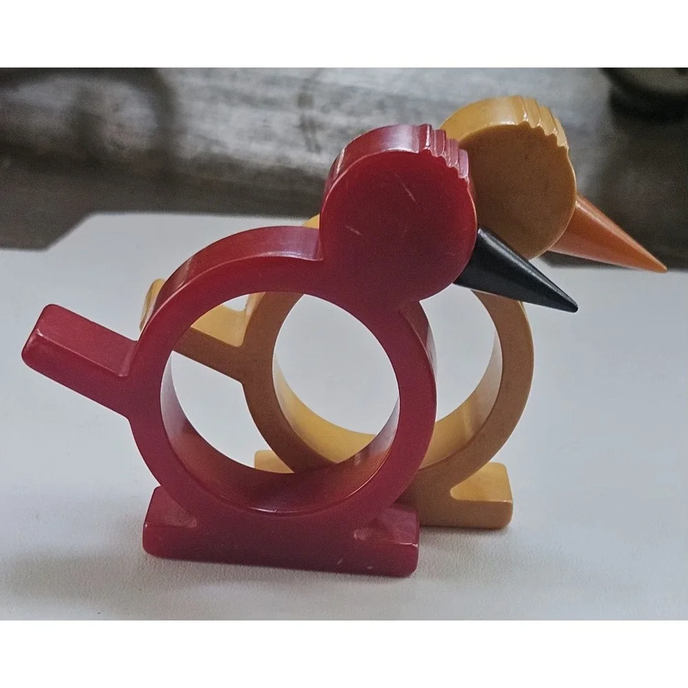 Set Of 2 Vintage Butterscotch & Red Bird Bakelite Napkin Rings